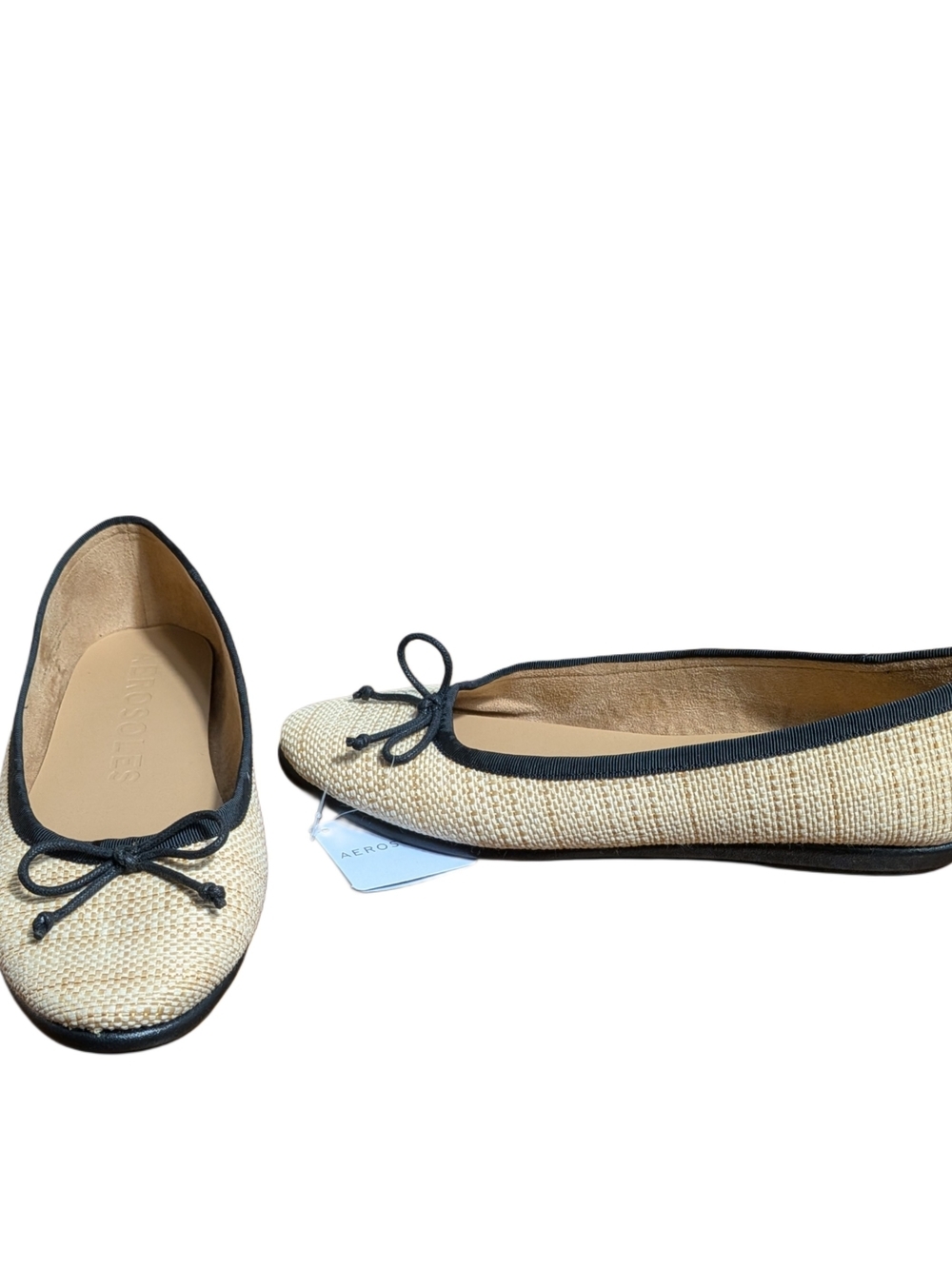 Aerosoles Womens 10W Wide Natural Beige Woven Ballet Flats Black Bow Slip On NWO - Picture 5 of 9